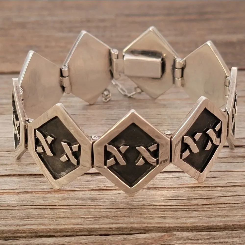 Sterling Silver Victoria Cony Taxco Mexico Assymetrical Polygon Bracelet